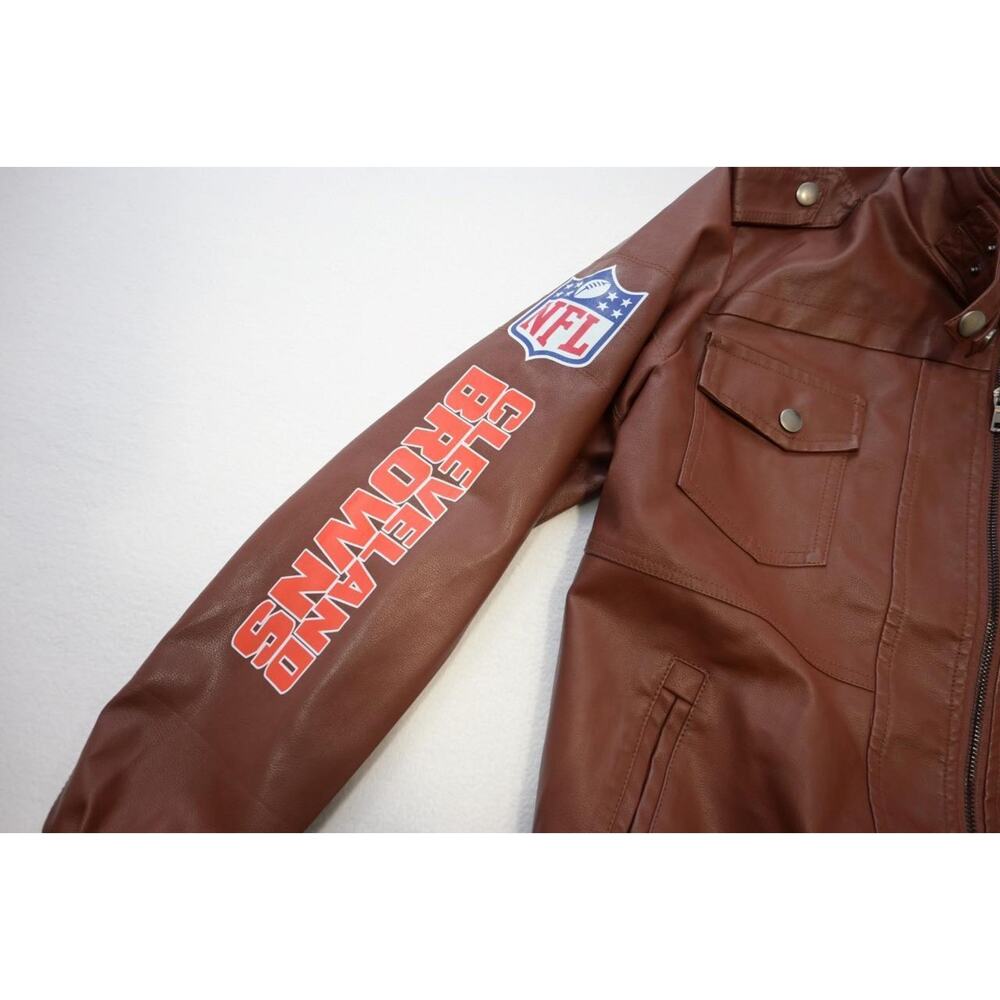 NFL‎ Cleveland Browns Pleather Military Cargo Jacket Hooded Mens Size Large - Picture 7 of 11